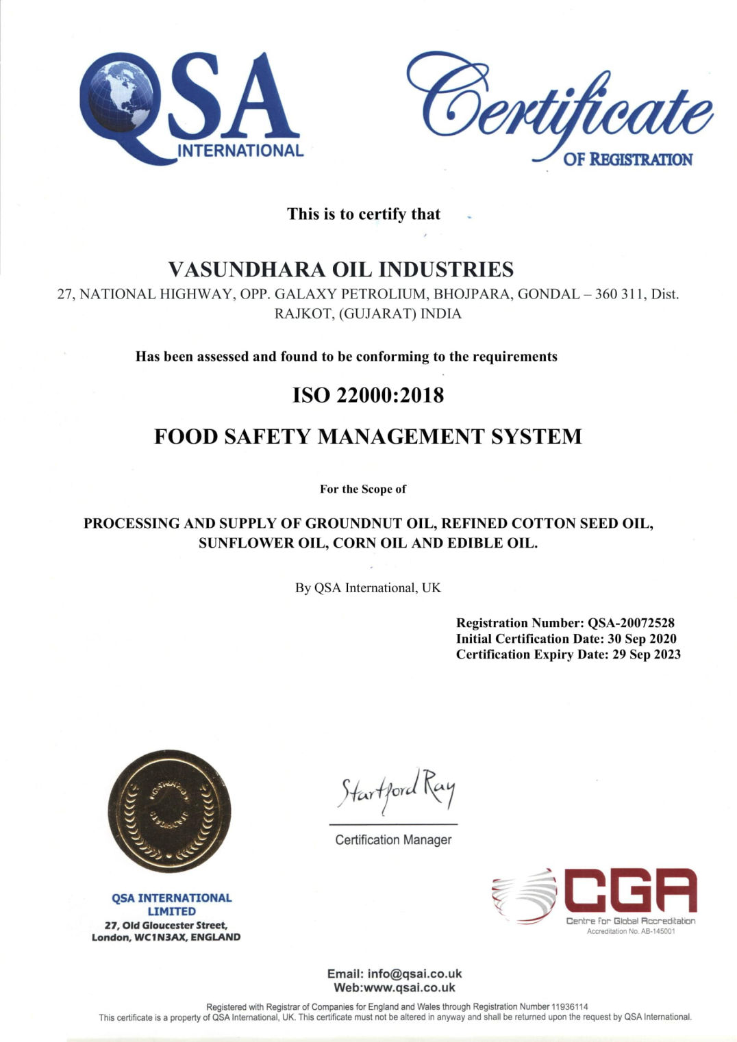 QSA Food Safety Certificate — Vasundhara Oil Industries