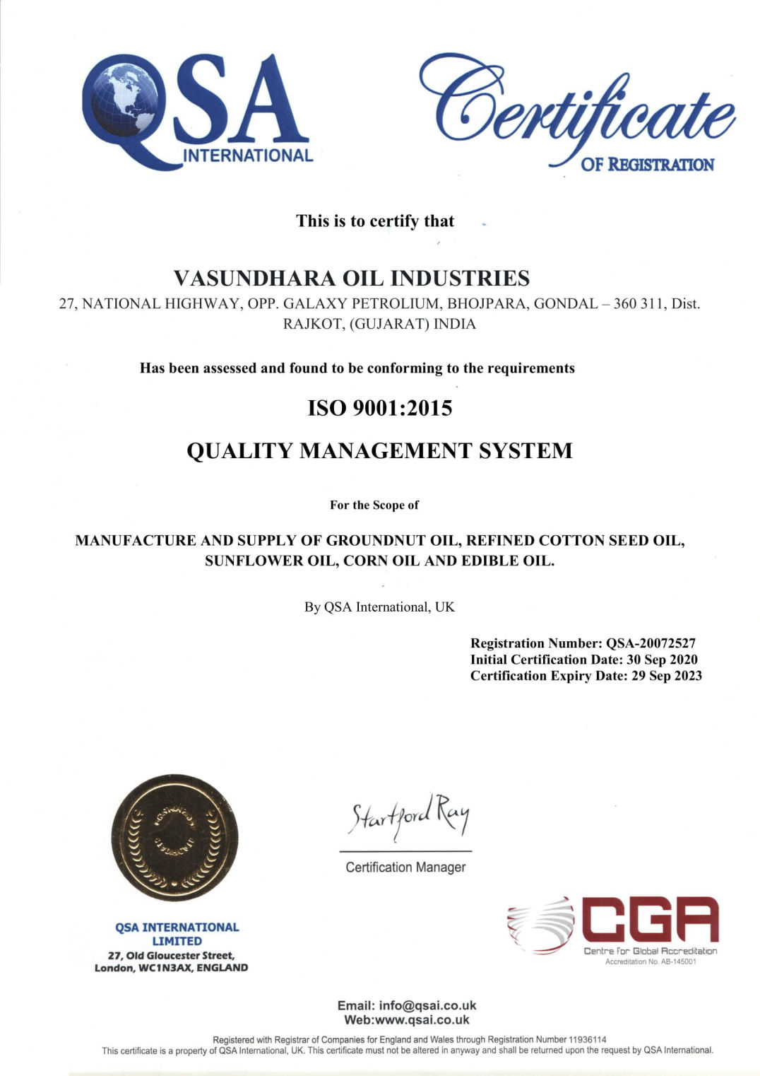 QSA Quality Certificate — Vasundhara Oil Industries